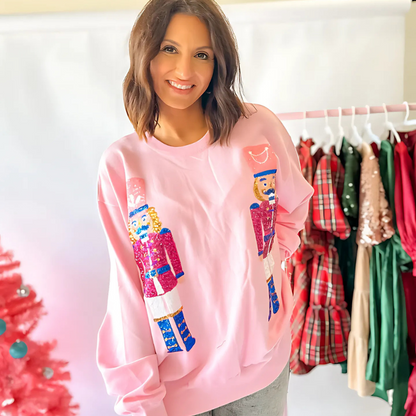 Round Neck Sequin Nutcracker Pink Sweatshirt Women