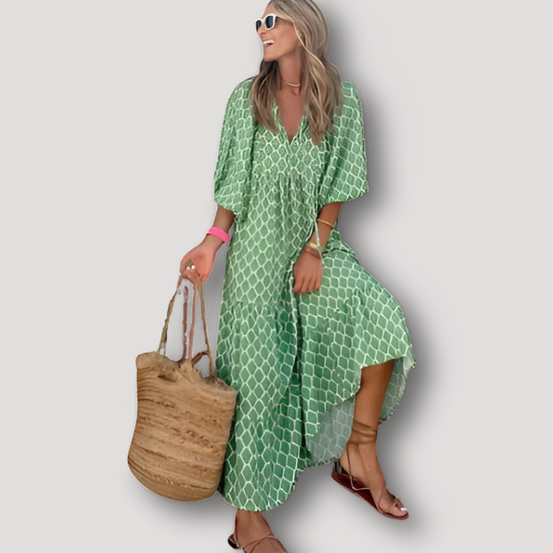 Puff Sleeves Flowy Geometric Boho Australian Maxi Dress