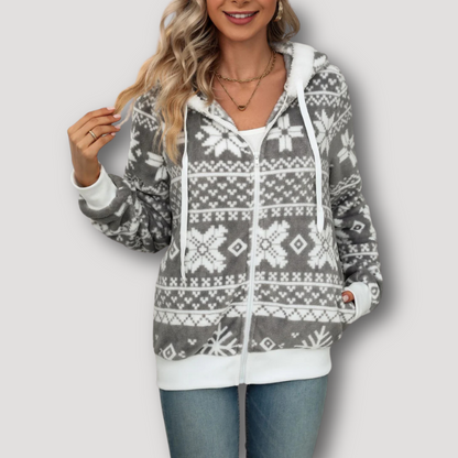 Fur Trim Hood Christmas Snowflakes Gray Hoodie Zip Up Women