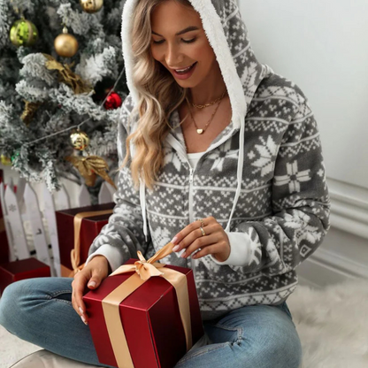 Fur Trim Hood Christmas Snowflakes Gray Hoodie Zip Up Women