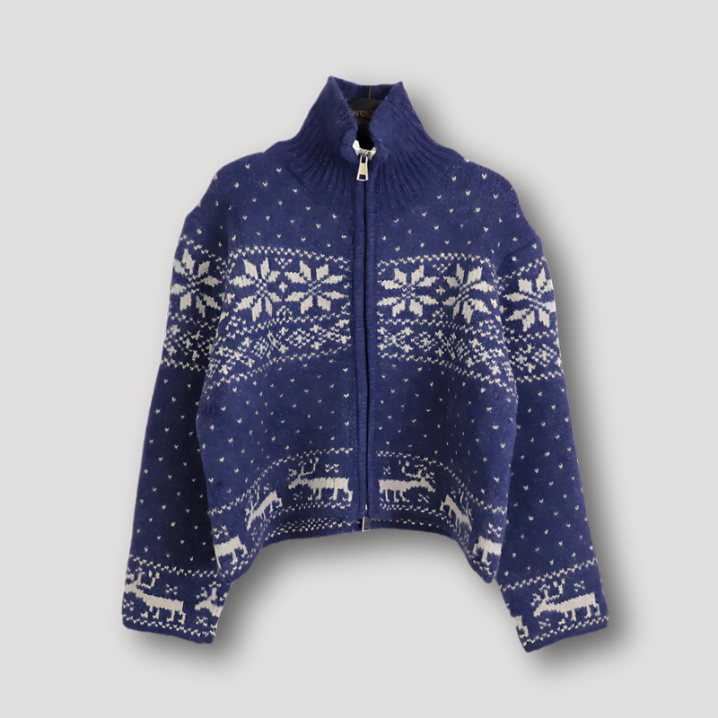 Nordic Snowflakes Pattern Knit Zip Up Sweater Blue Women