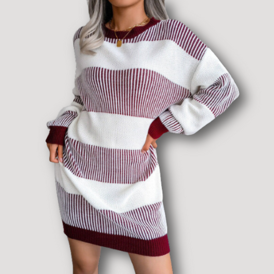 Casual Striped Women's Sweater Mini Knit Dress Long Sleeve