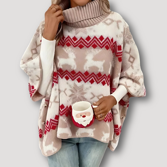 Bat Sleeves Turtleneck Beige Christmas Cape Sweater for Women