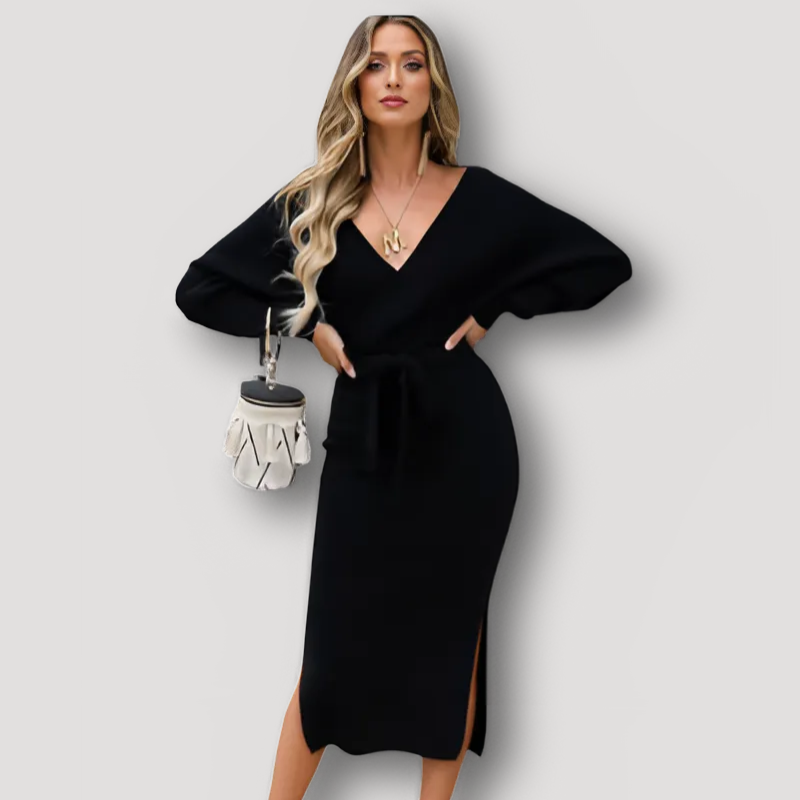 V-neck Tie Waist Slit Knit Dress Long Sleeve