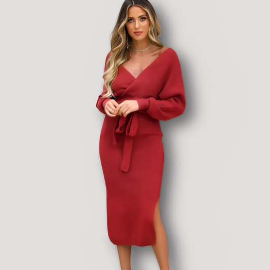 V-neck Tie Waist Slit Knit Dress Long Sleeve