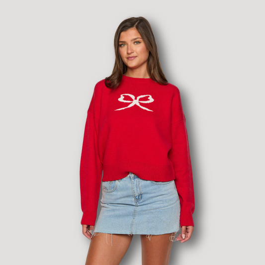 White Bow Red Christmas Sweater Ladies