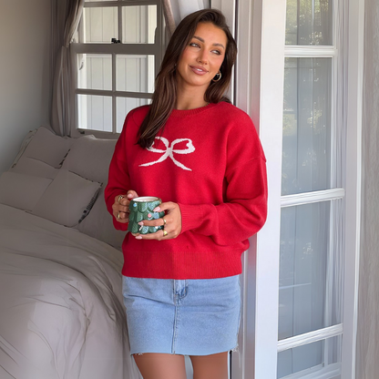 White Bow Red Christmas Sweater Ladies