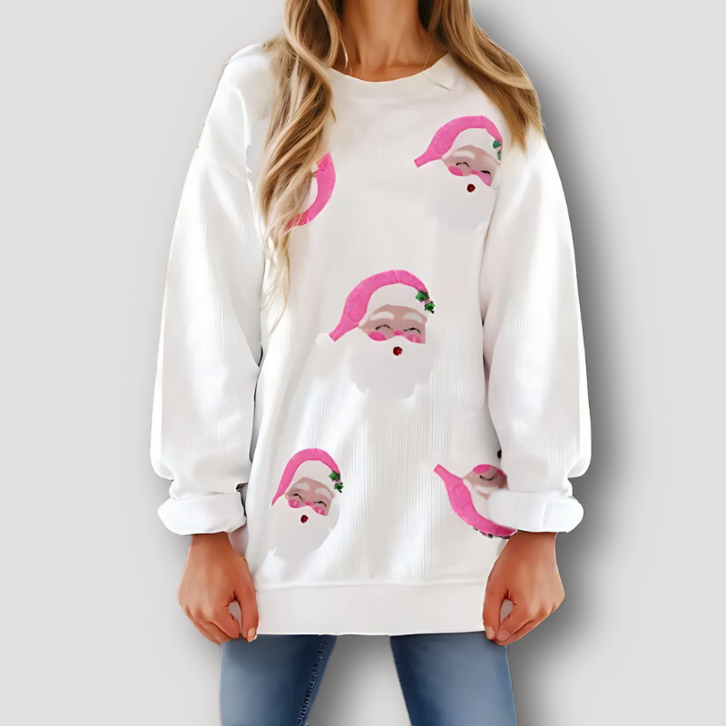 Santa Claus Graphic Ribbed Knit Women's White Sweatshirt