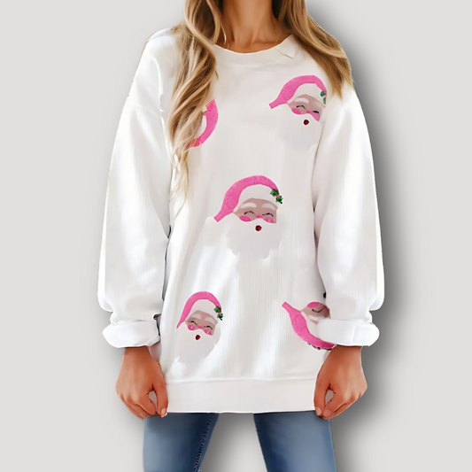 Santa Claus Graphic Ribbed Knit Women's White Sweatshirt