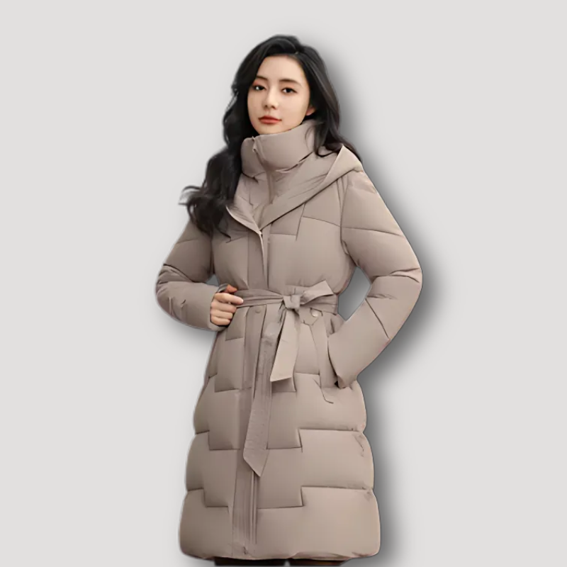 Tie Waist Winter Parka Long Hooded Puffer Women Coat