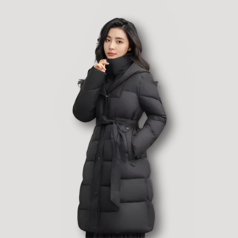 Tie Waist Winter Parka Long Hooded Puffer Women Coat