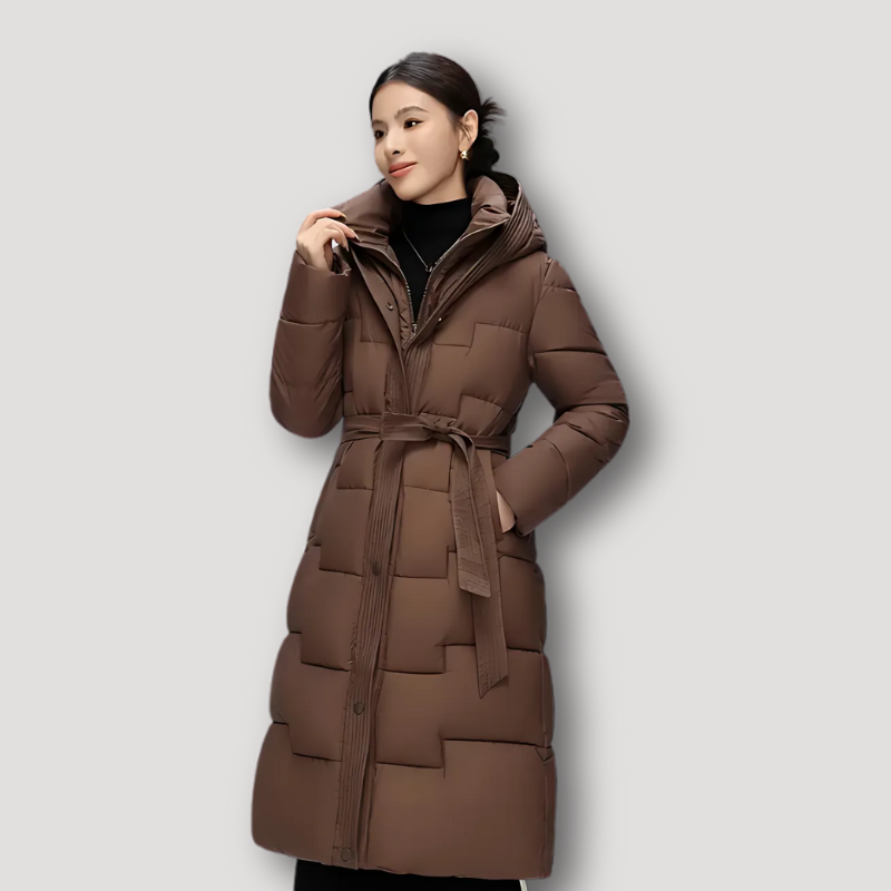 Tie Waist Winter Parka Long Hooded Puffer Women Coat