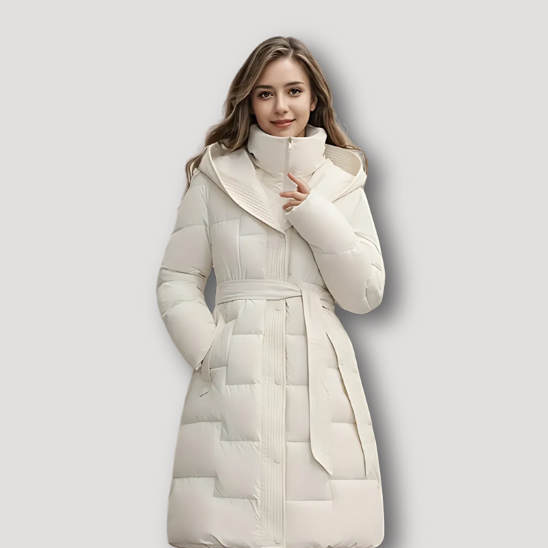 Tie Waist Winter Parka Long Hooded Puffer Women Coat