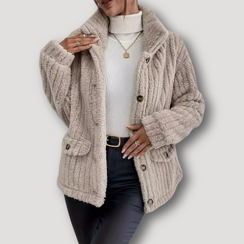 Beige Button Up Plush Ribbed Sherpa Jacket Women