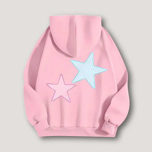 Plaid and Striped Star Embroidered Fleece Hoodie for Women