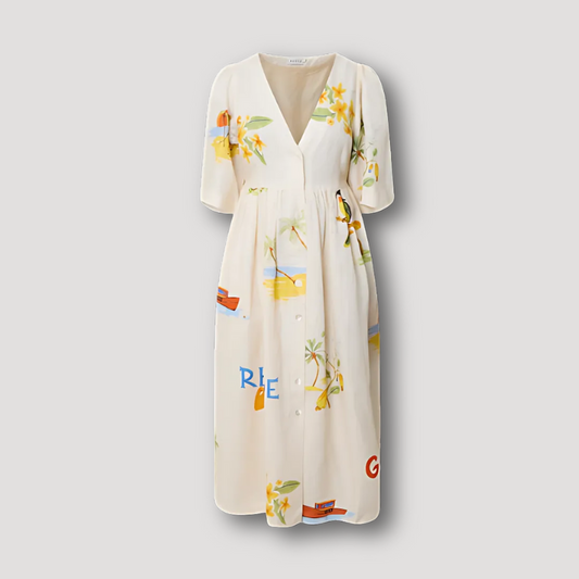 Vintage Tropical Print Button Down Midi Linen Dress Australia