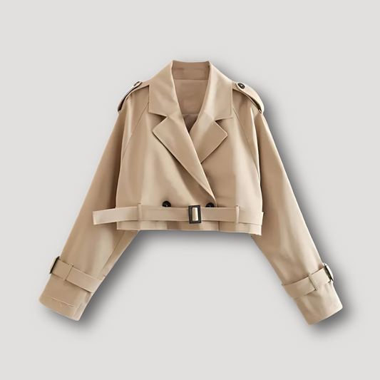 Beige Belted Hem Double-Breasted Cropped Trench Coat Women