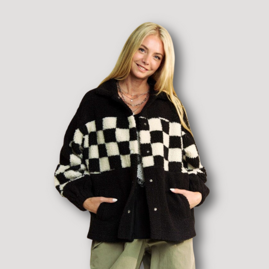 Black Sherpa Checkered Jacket for Women