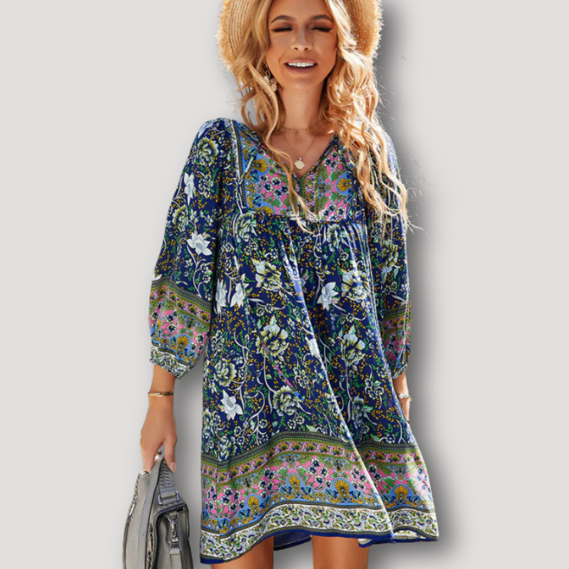 V-Neck Flowy Bohemian Floral Dress Long Sleeves