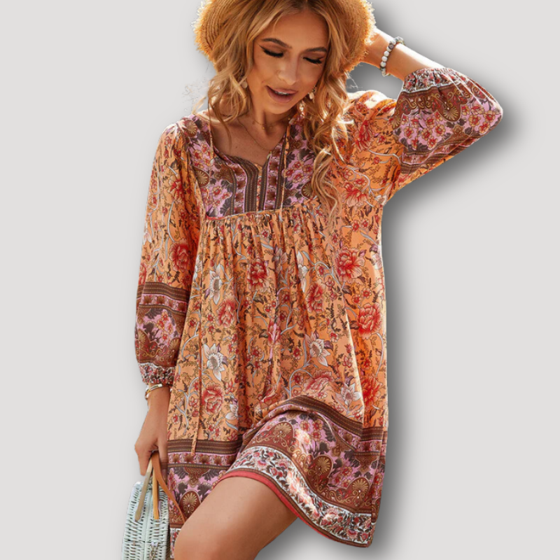 V-Neck Flowy Bohemian Floral Dress Long Sleeves