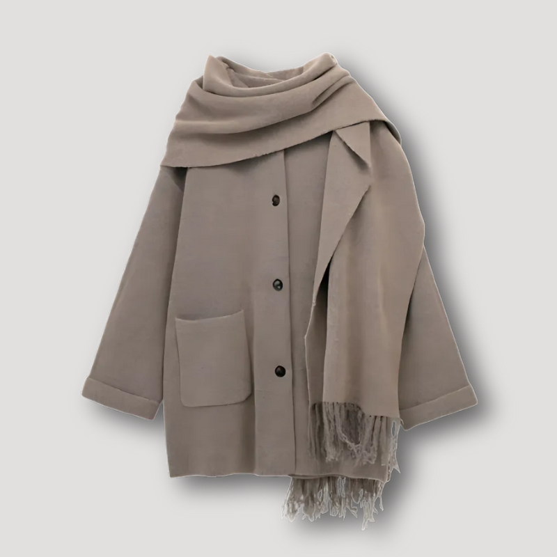 Beige Oversized Wool Coat with Matching Fringe Scarf Womens Winter Jacket