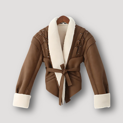 Tie Waist Oversized Shearling Brown Leather Jacket for Women