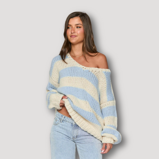 Oversized Striped One Shoulder Chunky Women Knit Sweater