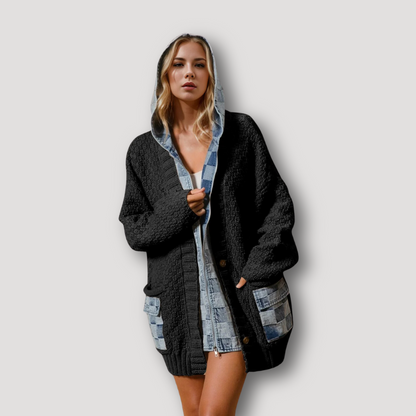 Double Take Zip Up Hooded Denim Spliced Buttoned Sweater Cardigan