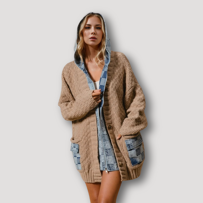 Double Take Zip Up Hooded Denim Spliced Buttoned Sweater Cardigan