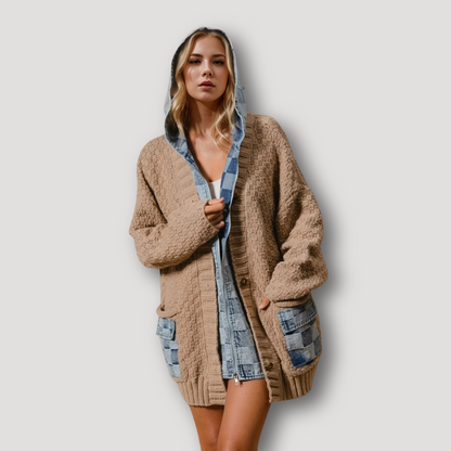 Double Take Zip Up Hooded Denim Spliced Buttoned Sweater Cardigan