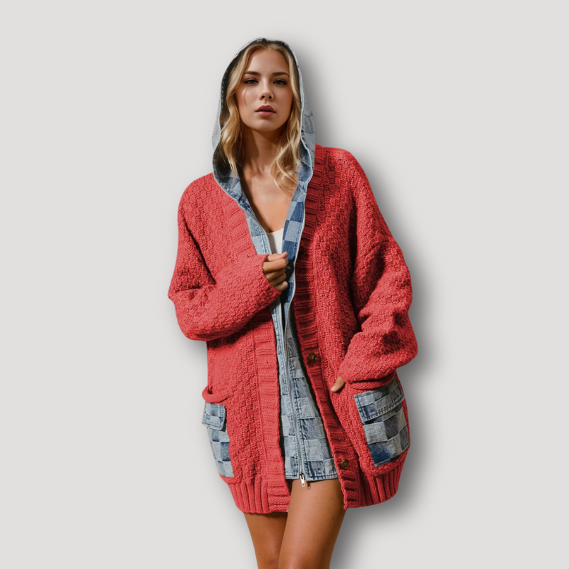 Double Take Zip Up Hooded Denim Spliced Buttoned Sweater Cardigan