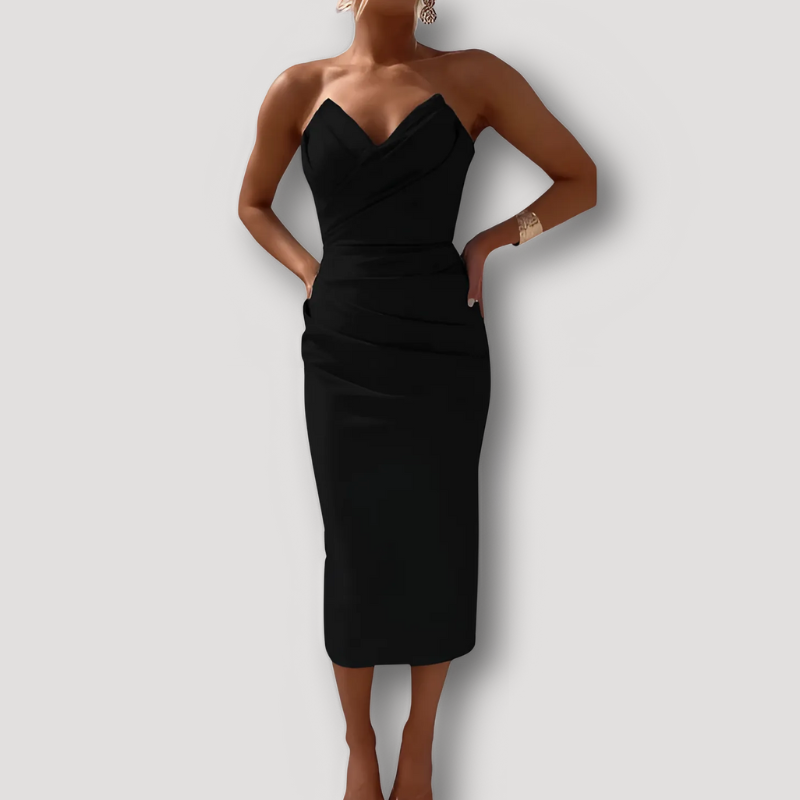 Elegant Strapless Bodycon Ruched Satin Midi Dress