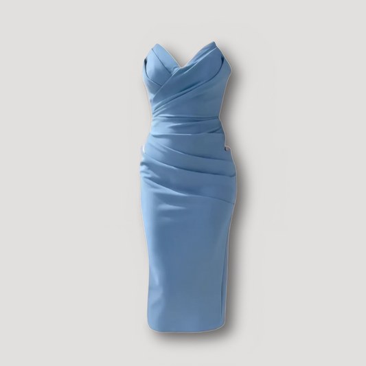 Elegant Strapless Bodycon Ruched Satin Midi Dress