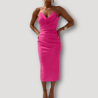 Elegant Strapless Bodycon Ruched Satin Midi Dress