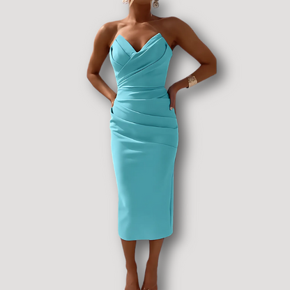 Elegant Strapless Bodycon Ruched Satin Midi Dress