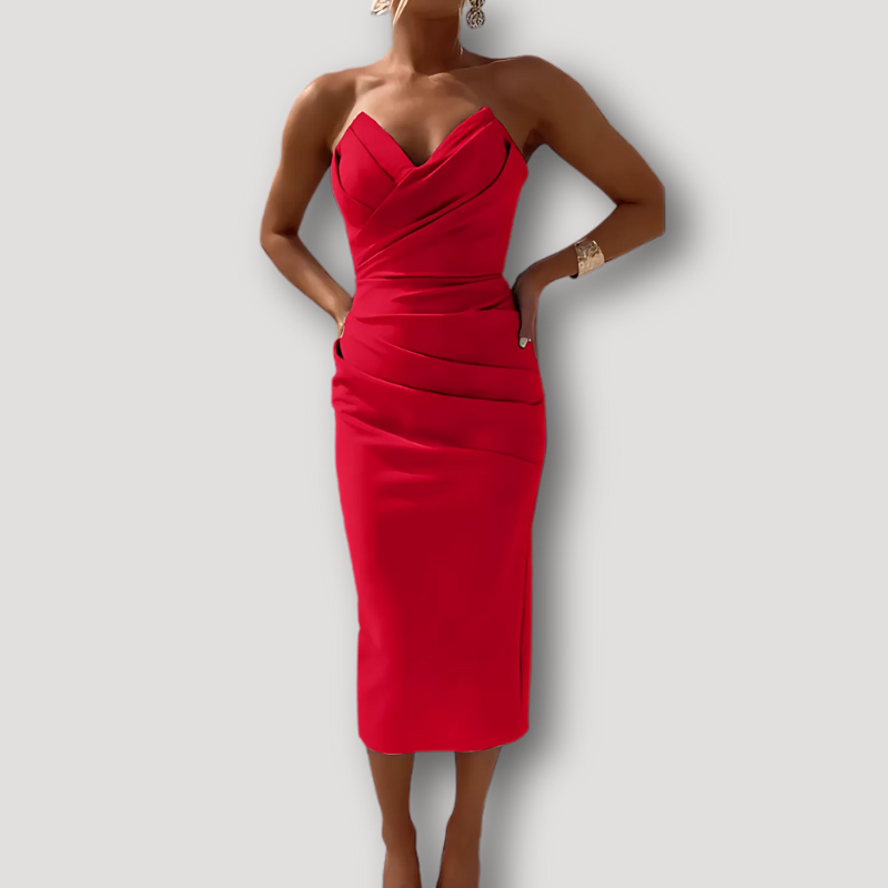 Elegant Strapless Bodycon Ruched Satin Midi Dress