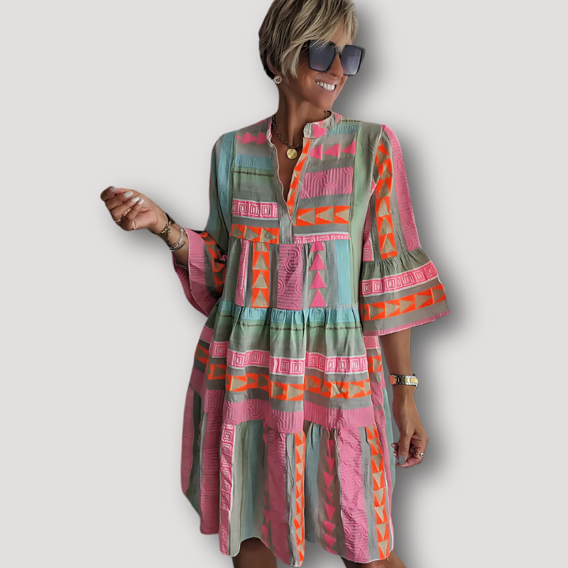 Flared Sleeve V-neck Ethnic Print Bohemian Dress