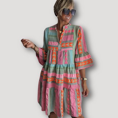 Flared Sleeve V-neck Ethnic Print Bohemian Dress