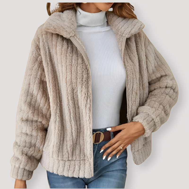 Ribbed Knit Fleece Zip Up Warm Jacket for Women