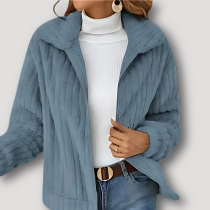 Ribbed Knit Fleece Zip Up Warm Jacket for Women