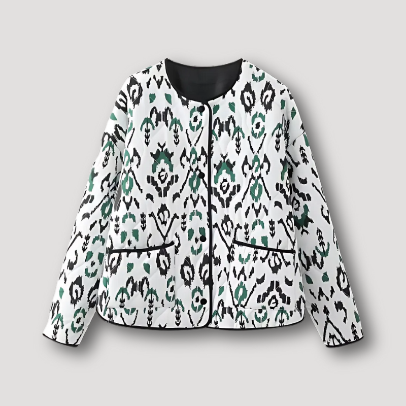 Stylish Ikat-Patterned with Black Accent Quilted Jacket Women