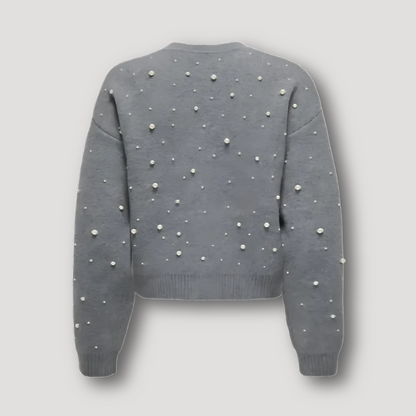 Expose Seam Pearl Embellished Grey Zip Cardigan Sweater for Women