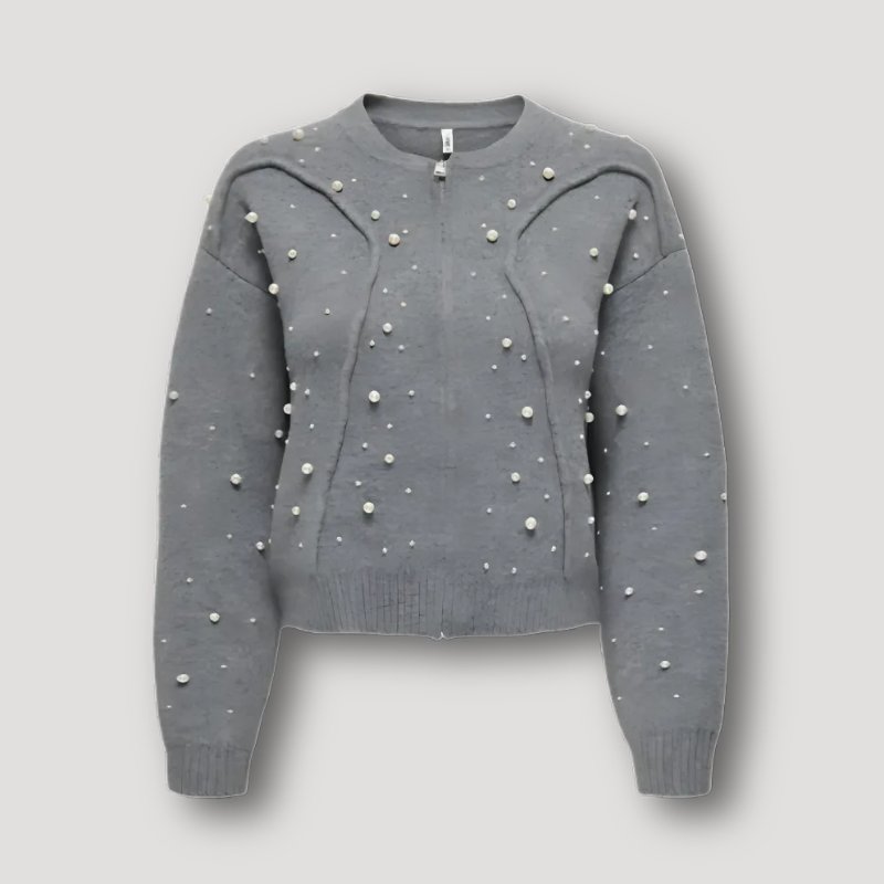 Expose Seam Pearl Embellished Grey Zip Cardigan Sweater for Women