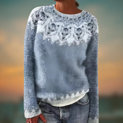 Crew Neck Nordic Pattern Grey Wool Sweater for Women