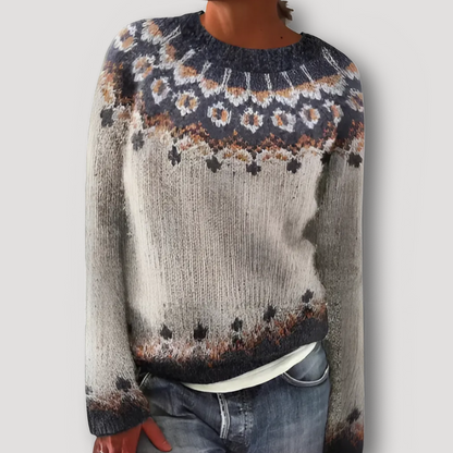 Crew Neck Nordic Patterned Grey Knit Sweater Women