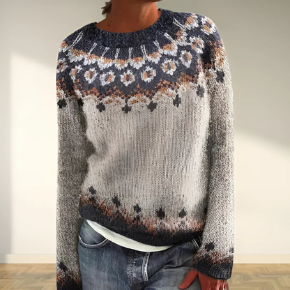 Crew Neck Nordic Patterned Grey Knit Sweater Women