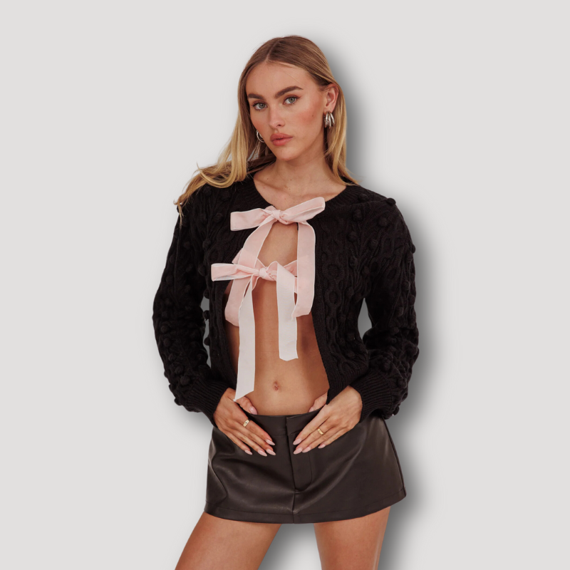 Velvet Bow Tie Front Crop Cardigan Sweater Knitted Long Sleeve Tops