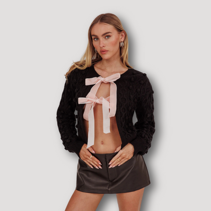 Velvet Bow Tie Front Crop Cardigan Sweater Knitted Long Sleeve Tops