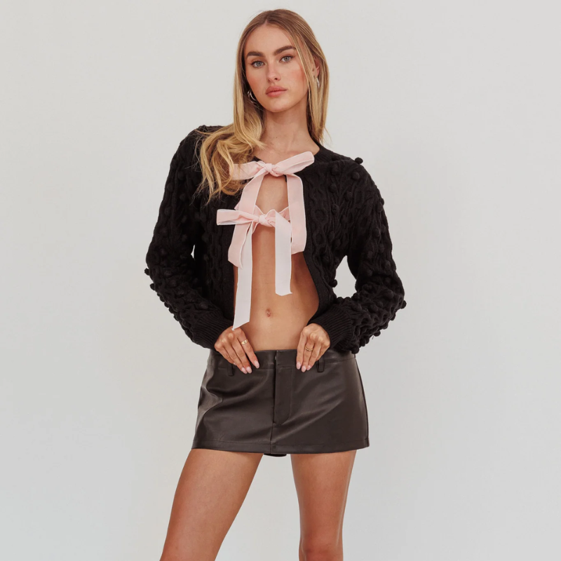 Velvet Bow Tie Front Crop Cardigan Sweater Knitted Long Sleeve Tops