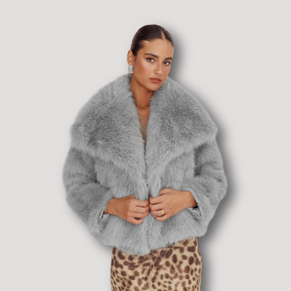 Snap Button Closure Oversized Lapel Grey Fur Jacket Women